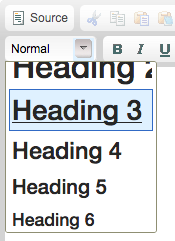 Expanded Format dropdown box in editor toolbar with Heading 3 highlighted