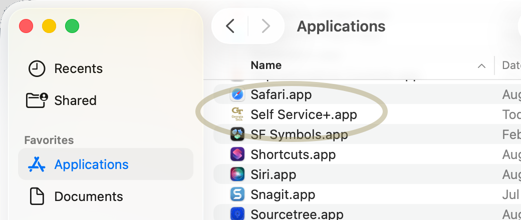 macOS Finder with Applications view open and Self Service+.app circled.