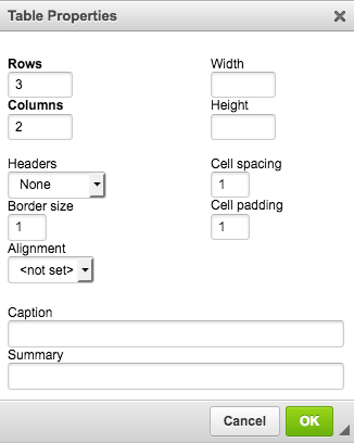 Table properties dialog box including fields for Caption and Summary