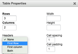 Table properties dialog box with Headers list of None, First Row, First column, and Both