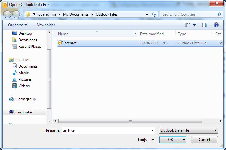 outlook archive file not opening